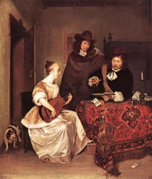 傑拉德 特 博爾奇 A Young Woman Playing A Theorbo To Two Men